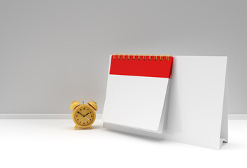 3D Render Alarm Clock with Notebook mock up with clean blank for design and advertising, 3d illustration perspective view.