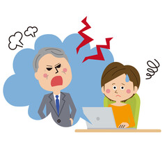 ポップな人物　リモートワークするショートカットの女性　リモハラ