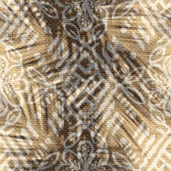 Seamless abstract print of botanical leaf shadows over abstract surface design. High quality illustration. Tropical palm leaves showing in the negative space between sunlight rays overlaid on design.