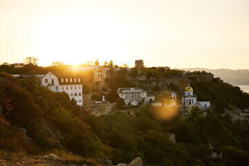 Obraz premium St. George monastery view from the observation deck at Cape Fiolent at the sunrise.