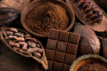 Chocolate bar, candy sweet, cacao beans and powder