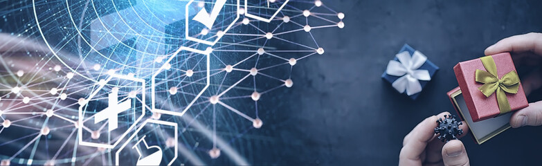 The concept of the world coronavirus pandemic. The geographical location of the virus. China flag and virus model and gift box.