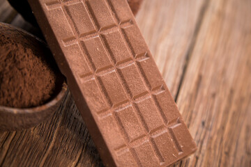 Chocolate bar, candy sweet, cacao beans and powder