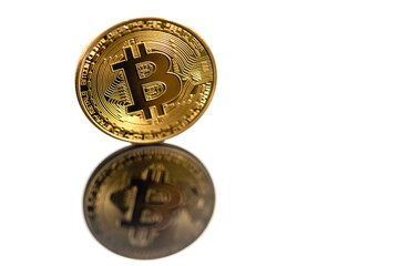 Closeup golden bitcoin with reflection isolated on white background. Bitcoin is reflected in the mirror.
