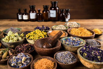 Assorted natural medical, herbs and mortar