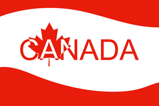 Lettering, letters CANADA on red maple leaf background. Happy Canada Day. Canadian maple leaf, logo for Canada Day. Vector holiday poster for greeting card, decoration and covering 