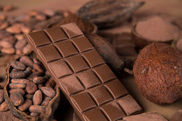Chocolate bar, candy sweet, cacao beans and powder