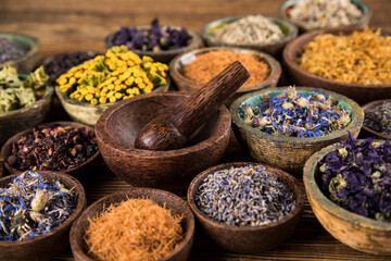 Natural medicine, wooden table background