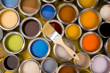 Open paint cans with a brush, Rainbow colors - 434054992