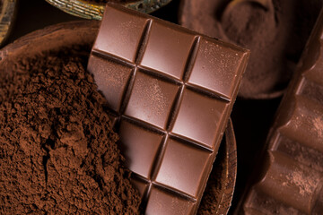 Chocolate sweet, cocoa pod and food dessert background