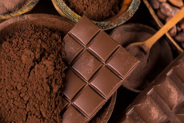 Chocolate sweet, cocoa pod and food dessert background