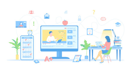 Fototapeta premium Online Education. Online training, courses, exams, testing. E-learning. Woman sitting at a table and working with laptop. Monitor screen with video tutorials. Vector illustration flat style.
