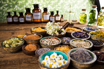 Natural medicine, wooden table background