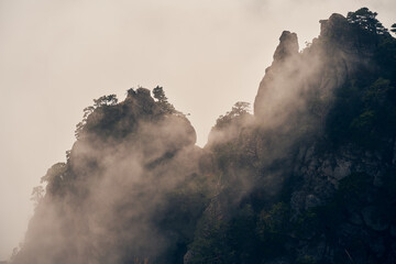 Grand stone pillars on the slopes of Mount Demerdzhi. Valley of ghosts, Crimean Mountains.