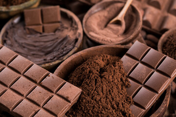 Chocolate sweet, cocoa pod and food dessert background