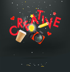 Creative concept with camera, pencil and letters. 3d style cute illustration