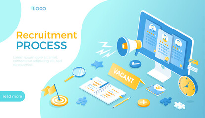 Recruitment Human Resource Management and Hiring concept. Choosing the best candidate, search for a new employee. Isometric vector illustration for website.