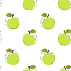 Seamless pattern with apple on white background. Continuous one line drawing apple. Black line art on white background with colorful spots. Vegan concept