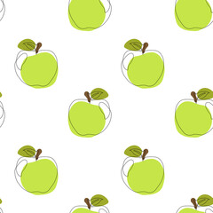 Seamless pattern with apple on white background. Continuous one line drawing apple. Black line art on white background with colorful spots. Vegan concept