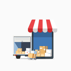 Online Shopping on Mobile Application Vector Concept. with cardboard box, delivery van and metallic wheeled trolley. Digital marketing illustration