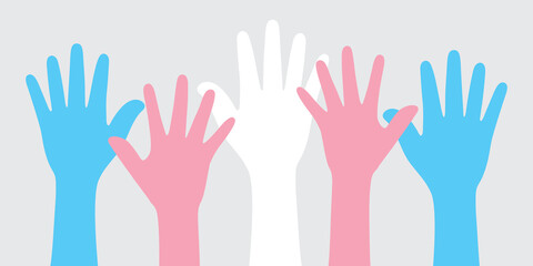Silhouette of blue, pink and white colored hands as the colors of the transgender flag. Flat vector illustration.