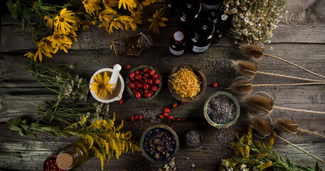 Natural remedy,Herbal medicine and wooden table background