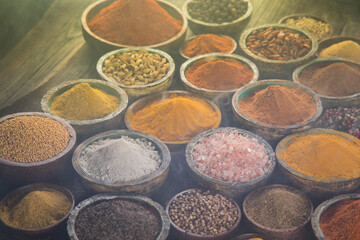 Colorful spices in bowl background