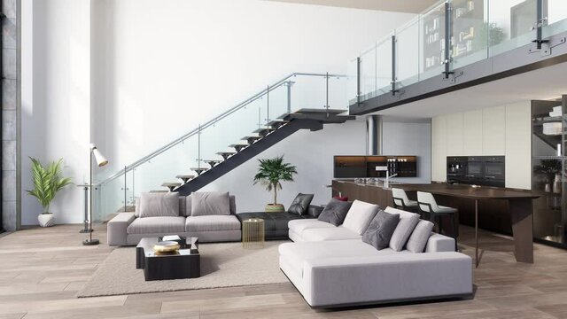 Luxury Living Room With Sofa, Open Plan Kitchen And Staircase