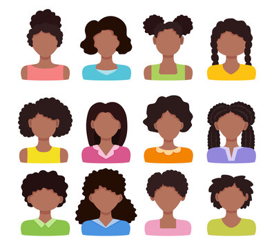 African woman avatar set. Vector illustration. Black girls with different hairstyles. Female face cartoon icons. Isolated characters on white background