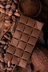 Chocolate bar, candy sweet, cacao beans and powder