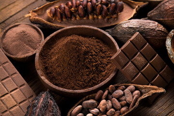 Assorted chocolate bar, candy sweet, cocoa pod