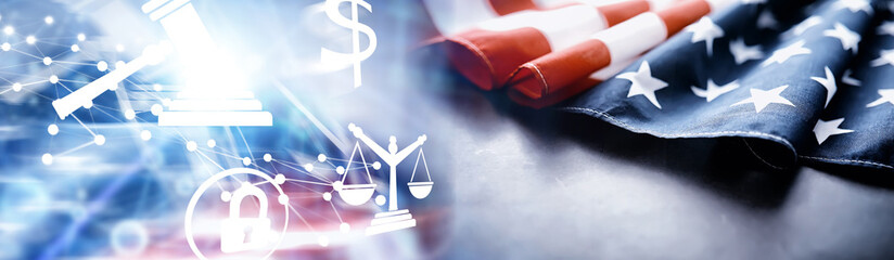 Flapping flag USA with wave. American flag for Memorial Day or 4th of July. Closeup of American flag dark background