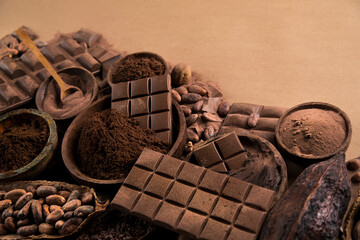 Assorted chocolate bar, candy sweet, cocoa pod