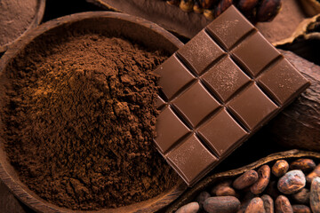 Assorted chocolate bar, candy sweet, cocoa pod