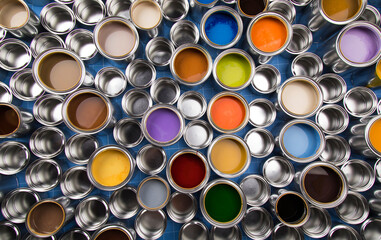 Group of tin metal cans with color paint