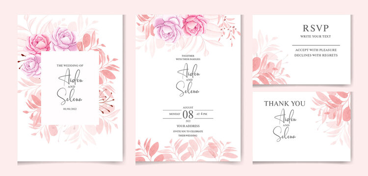 Elegant wedding invitation template set with peach rose and leaves .watercolor floral frame and border decoration for card composition design 
