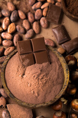 Cocoa pod and chocolate bar and food dessert background
