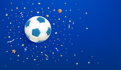 Fototapeta premium Soccer ball on blue background with confetti. Horizontal composition
