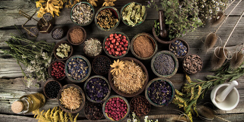 Fresh medicinal herbs on wooden background - obrazy, fototapety, plakaty