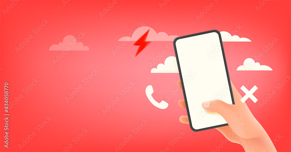 Poster Man using modern smartphone with empty screen. Red banner with copy space