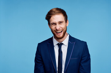 Cheerful male manager in fashion suit hand gesture