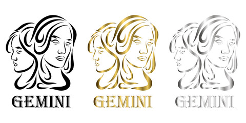 line vector logo of twin women It is sign of gemini zodiac there art three color black gold silver