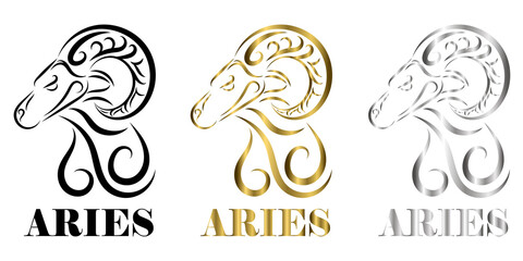 Line vector logo of sheep head It is sign of Aries zodiac three tree color black gold silver