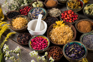 Natural remedy, healing herbs background