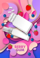 Berry chewing gum ads, vector illustration. Pad and slab bubble gum package mockup, paper cut strawberries, ruspberries.