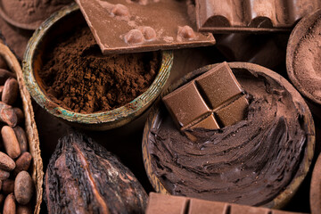 Assorted chocolate bar, candy sweet, cocoa pod