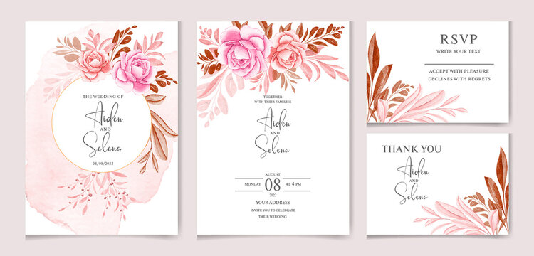 Brown wedding invitation template set with soft watercolor floral frame and border decoration. creamy and burgundy leaves. botanic illustration for card composition design.