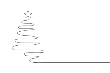 Continuous one line of abstract christmas tree with star in silhouette. Linear stylized. Minimalist.