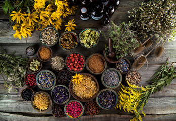 Natural remedy and wooden table background