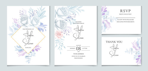 Fototapeta na wymiar Elegant wedding invitation template set with soft blue leaves .watercolor floral and leaves frame with border decoration for card composition design 